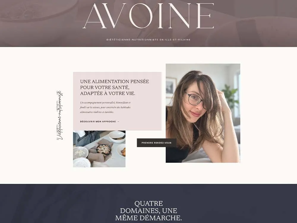 Aperçu du site Avoine : logo éditorial « AVOINE », section d’accroche et portrait de la diététicienne-nutritionniste.