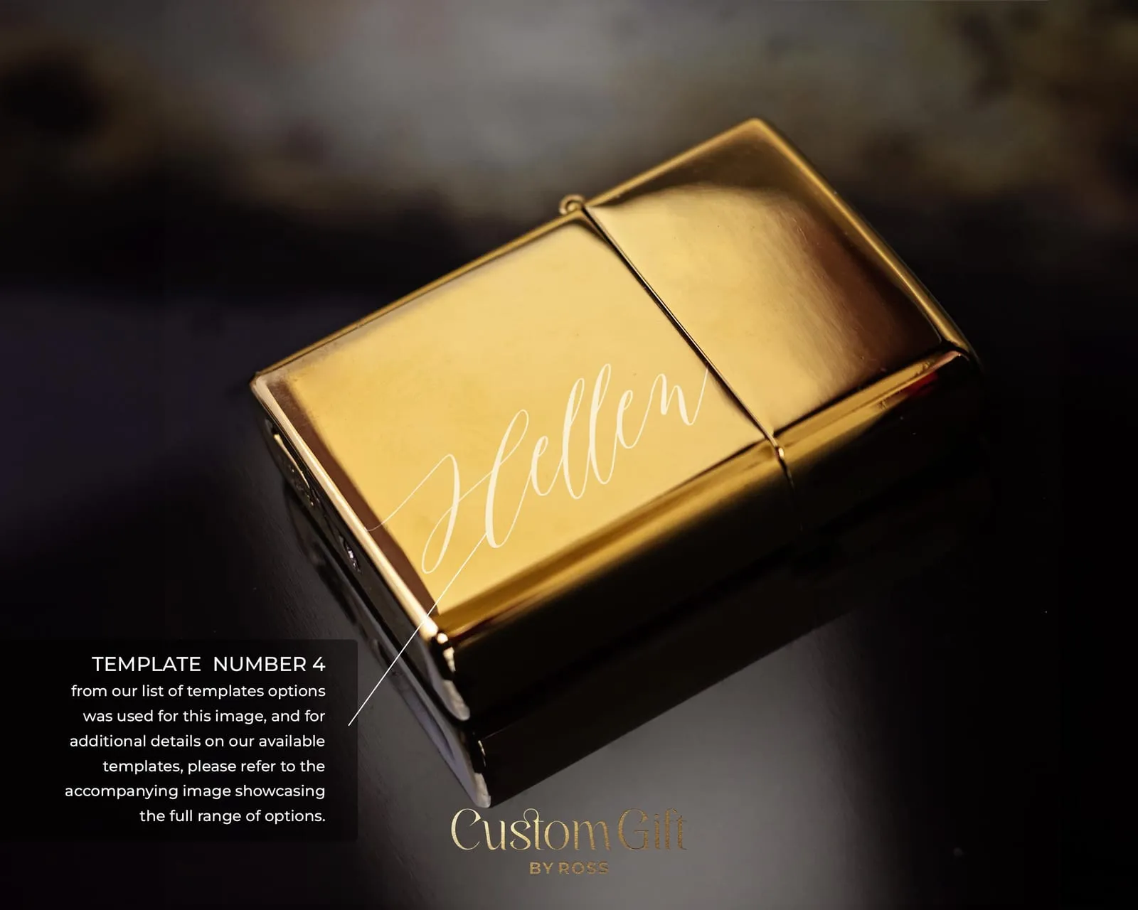 Visuel Custom Gift by Ross : briquet doré gravé au prénom « Hellen », sur fond sombre.