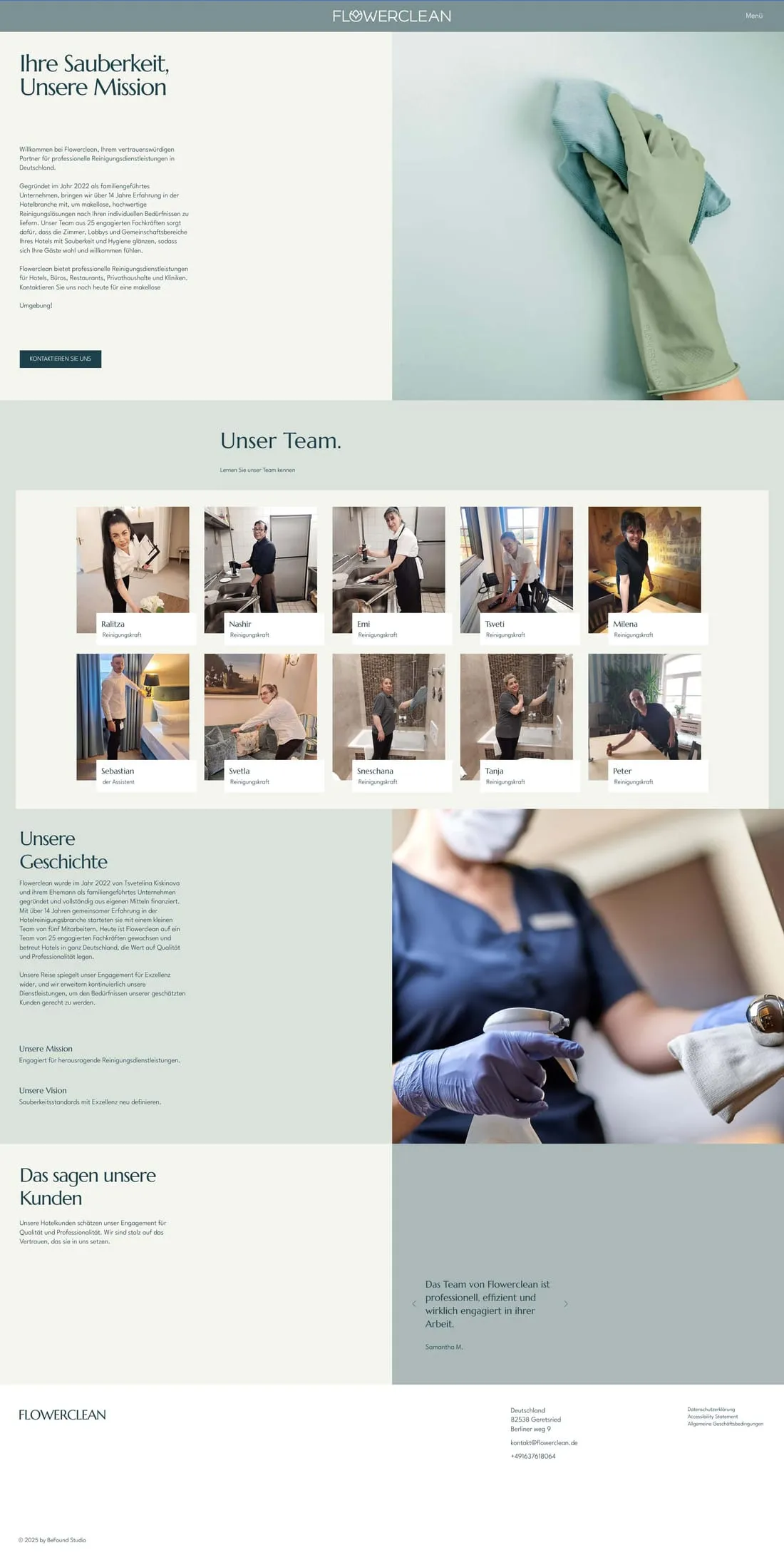 Page d’accueil complète du site vitrine Flowerclean, de l’en-tête au pied de page.