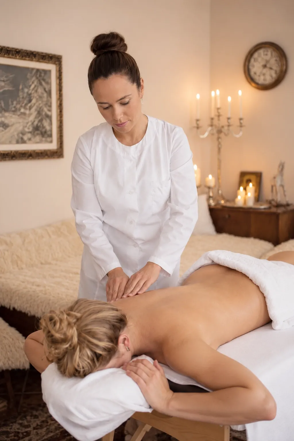 Praticienne réalisant un massage du dos dans une pièce chaleureuse, décorée de bougies.