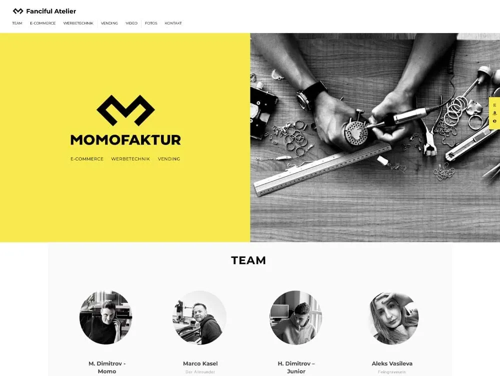 Identité visuelle Momofaktur : logo et supports sur fond neutre.