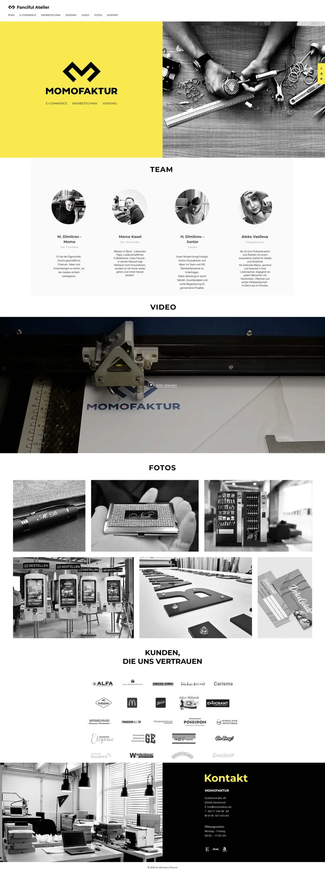 Page d’accueil complète du site vitrine Momofaktur, de l’en-tête au pied de page.
