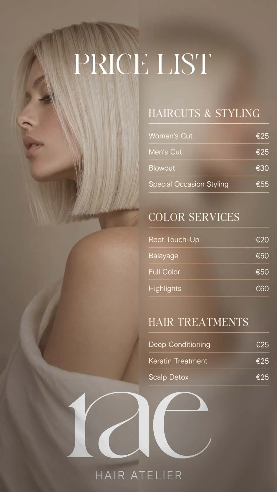 Grille tarifaire imprimée du salon, en entier : coupes, couleur et soins, avec les tarifs en euros.