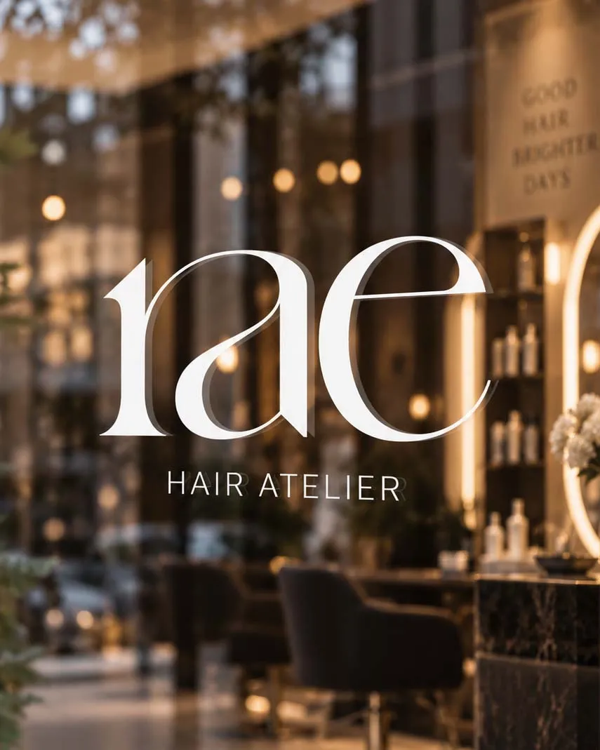 Vitrine du salon avec le logo « rae hair atelier » appliqué sur le verre, intérieur chaleureux en arrière-plan.