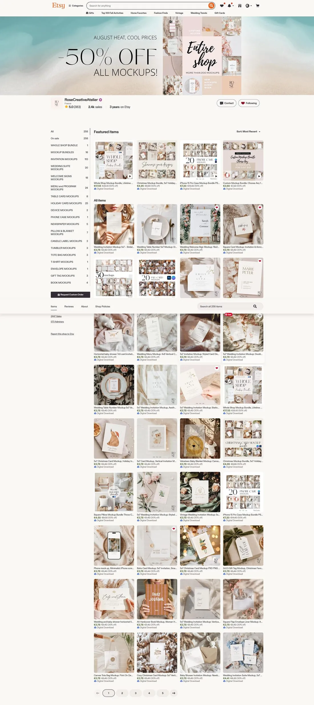 Vitrine Etsy complète de Rose Creative Atelier : bannière, en-tête de boutique et grille de mockups.